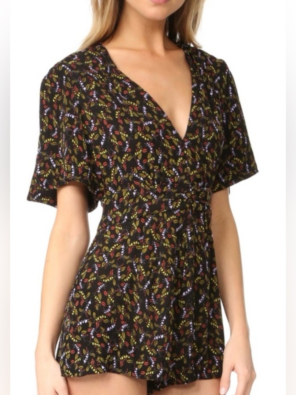 Free People Meet Virginia Floral Romper Black Boho Flutter Sleeve Size 4 NWOT
